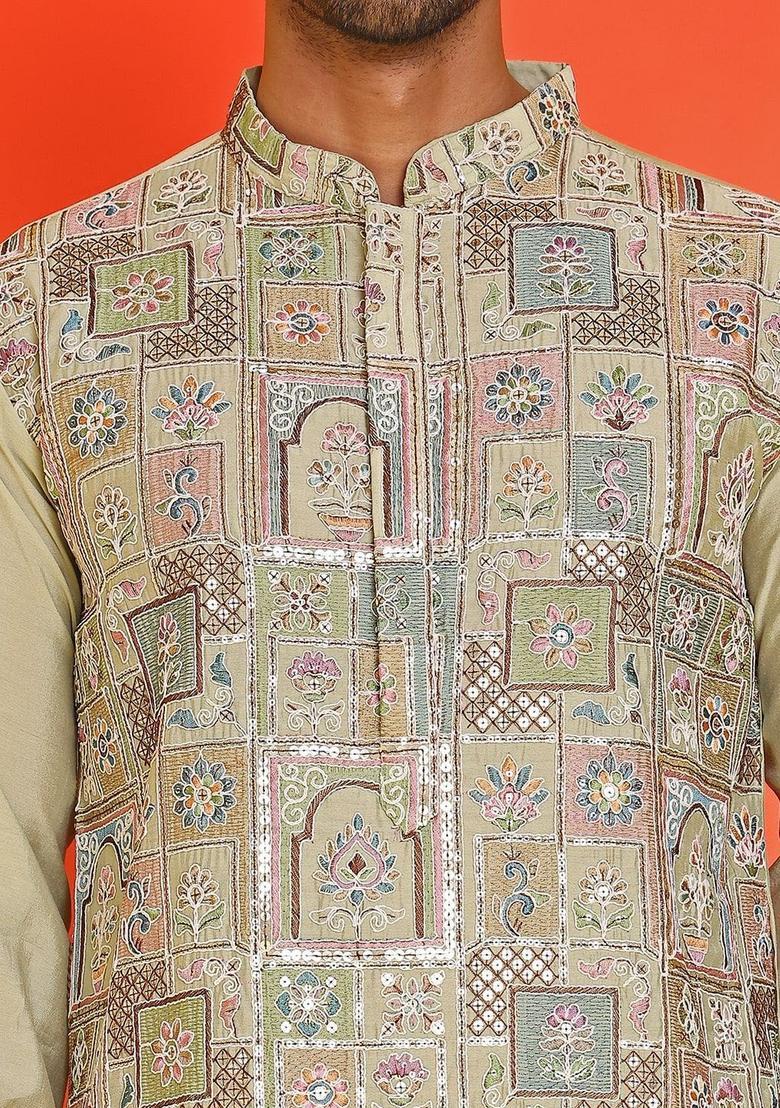 Beige Embroidered Silk Kurta Set For Men - Indya