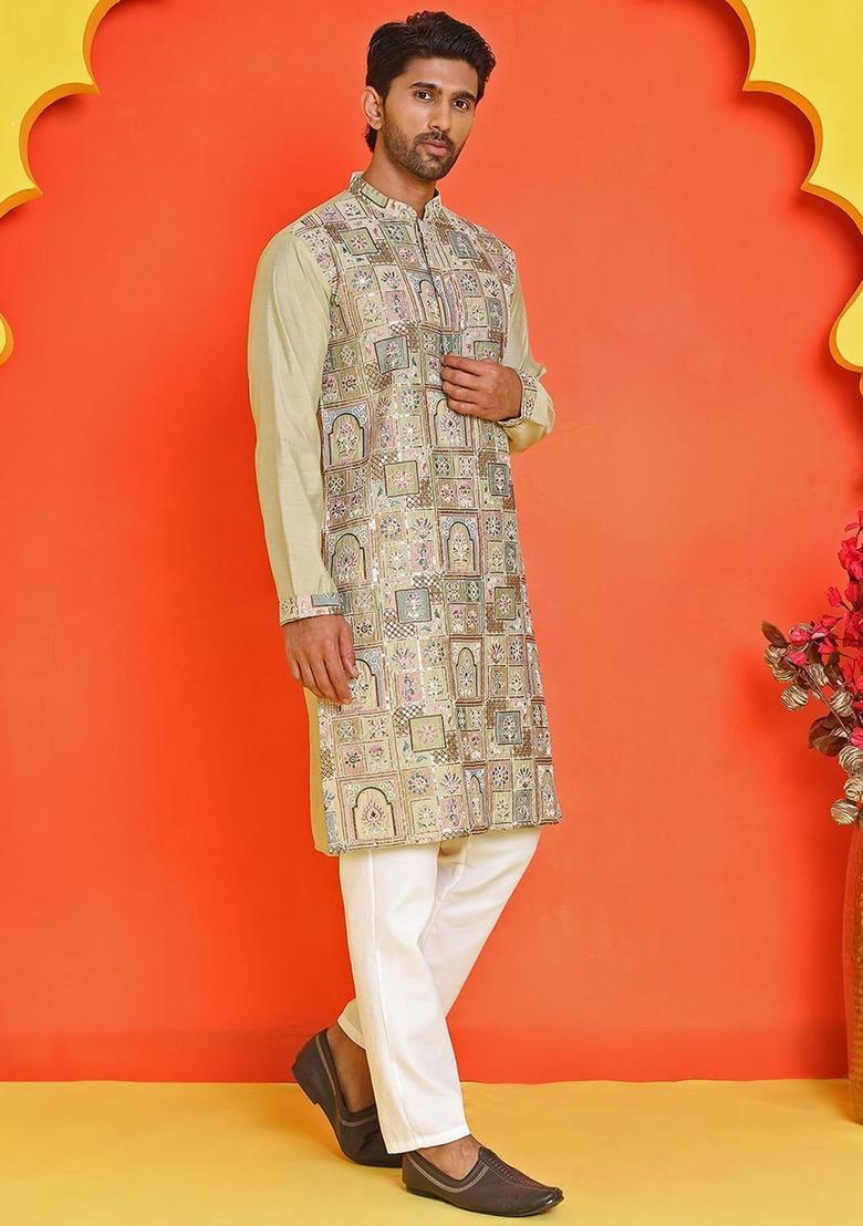 Beige Embroidered Silk Kurta Set For Men - Indya