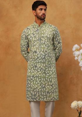 Green Printed Viscose Kurta Set For Men