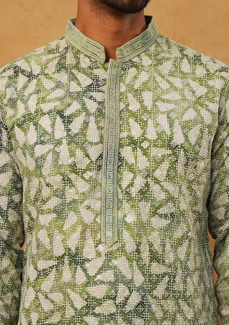 Green Printed Viscose Kurta Set For Men - Indya