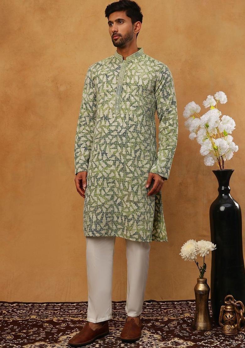 Green Printed Viscose Kurta Set For Men - Indya