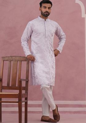 Purple Printed Silk Kurta Set For Men