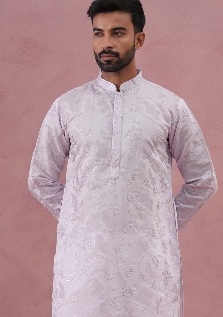 Purple Printed Silk Kurta Set For Men - Indya