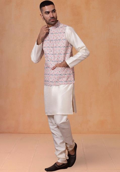 White Solid Silk Kurta Set For Men