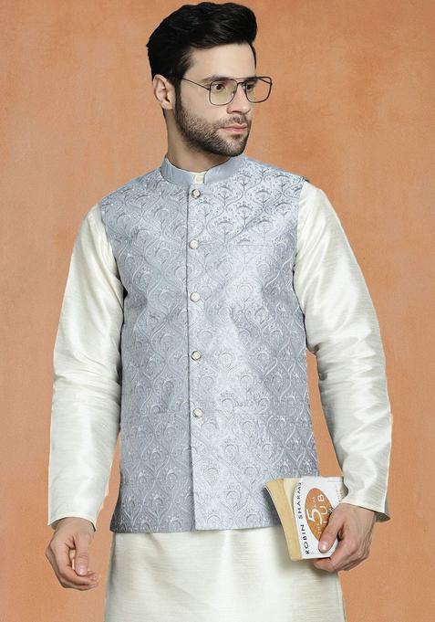 White Solid Silk Kurta Set For Men