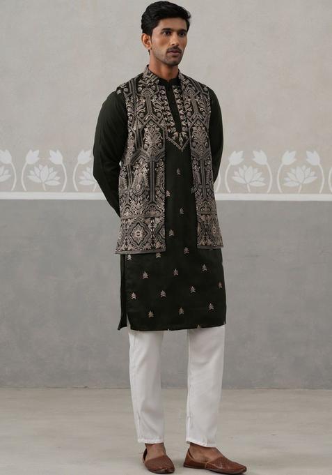 Black Embroidered Silk Kurta Set For Men