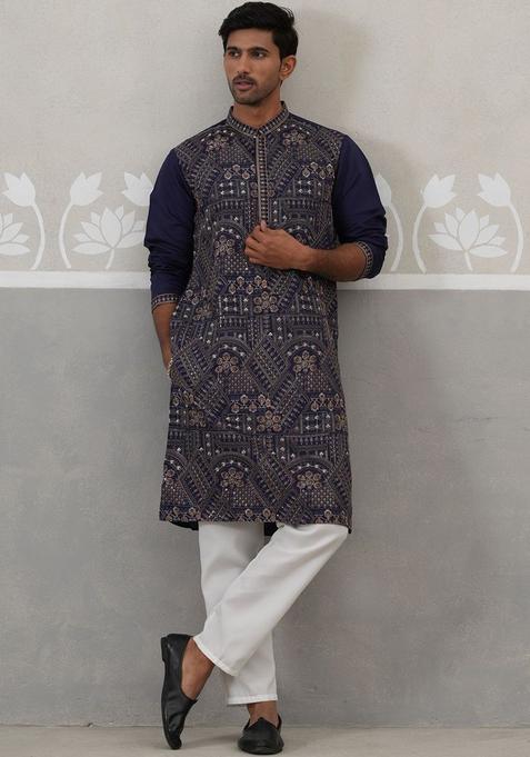 Blue Embroidered Silk Kurta Set For Men