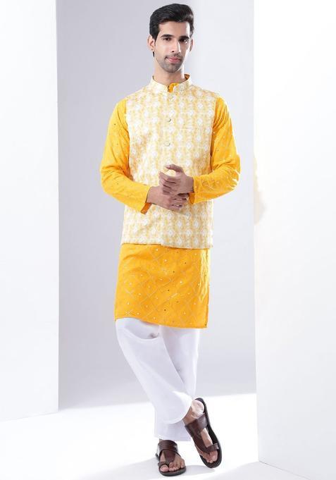 Yellow Embroidered Cotton Kurta Set For Men