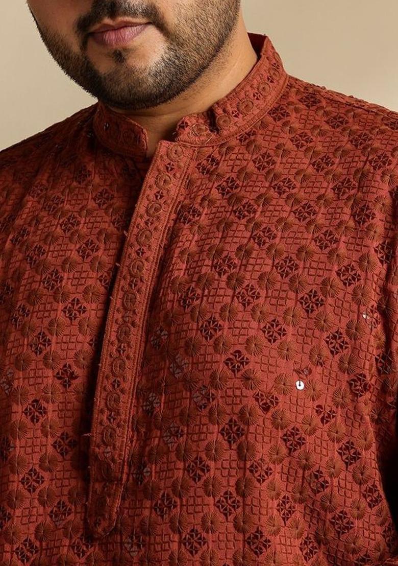 Brown Embroidered Cotton Kurta Set For Men - Indya
