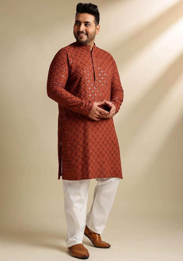 Brown Embroidered Cotton Kurta Set For Men - Indya