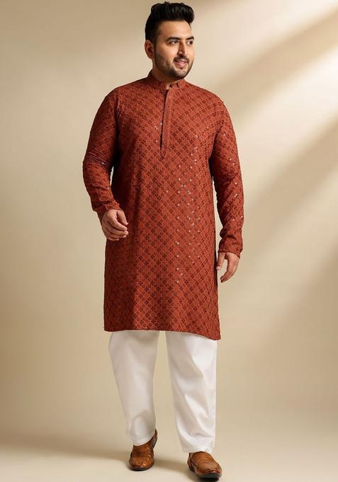 Brown Embroidered Cotton Kurta Set For Men