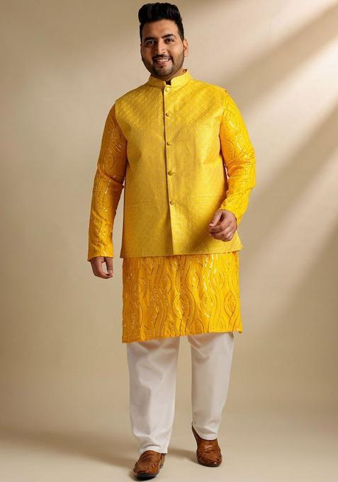 Yellow Embroidered Cotton Kurta Set For Men