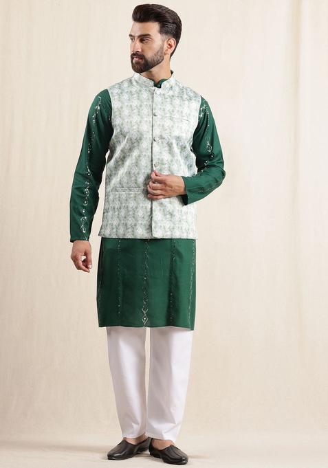 Green Embroidered Cotton Kurta Set For Men