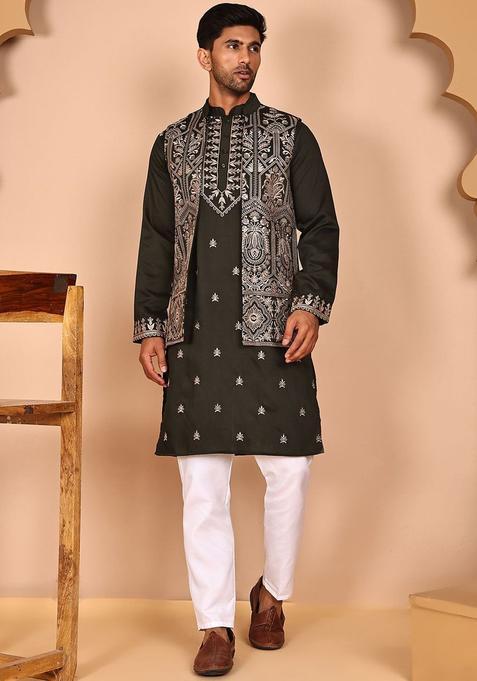 Olive Embroidered Silk Kurta Set For Men