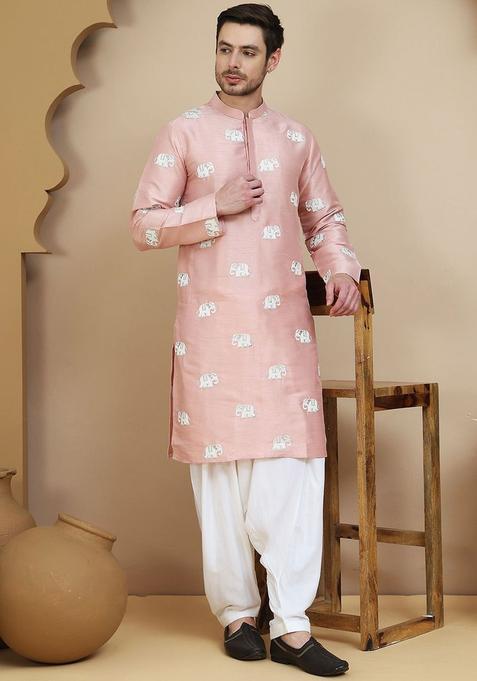 Pink Embroidered Silk Kurta Set For Men