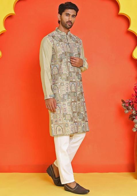 Green Embroidered Silk Kurta Set For Men