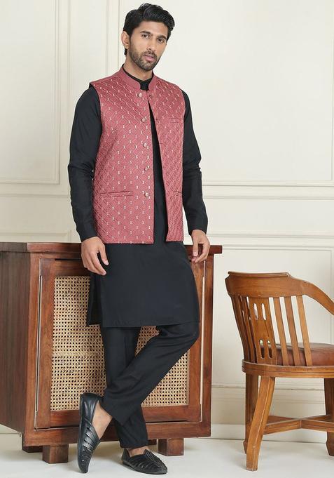 Black Embroidered Silk Kurta Set For Men