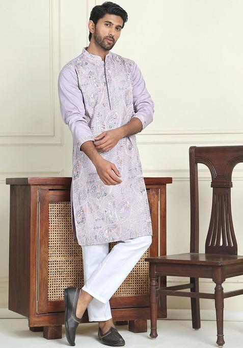 Purple Embroidered Silk Kurta Set For Men