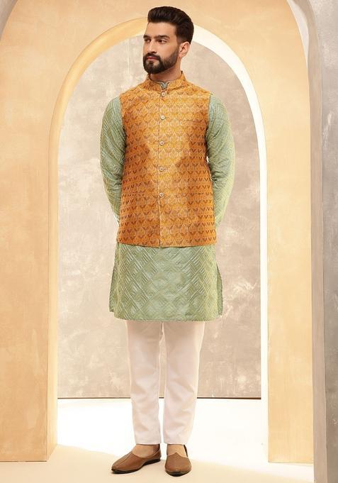 Olive Embroidered Silk Kurta Set For Men