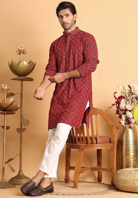Maroon Embroidered Viscose Kurta Set For Men