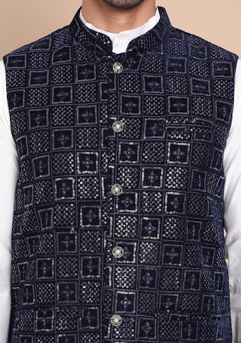 White Embroidered Velvet Kurta Set For Men - Indya
