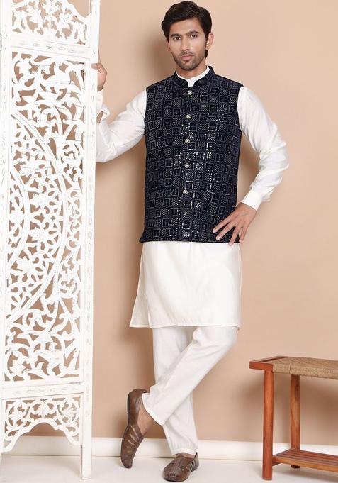 White Embroidered Velvet Kurta Set For Men