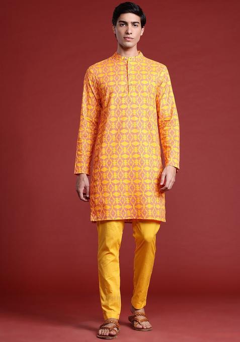 Yellow Printed Cotton Kurta Set For Men