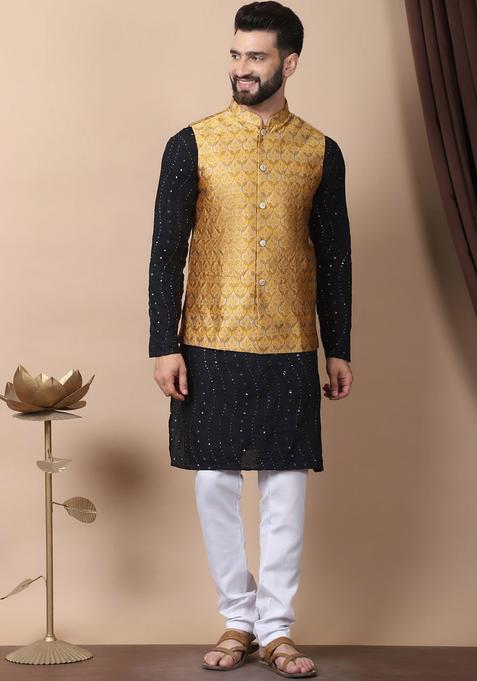 Black Embroidered Cotton Kurta Set For Men