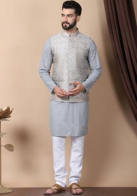 Grey Embroidered Cotton Kurta Set For Men