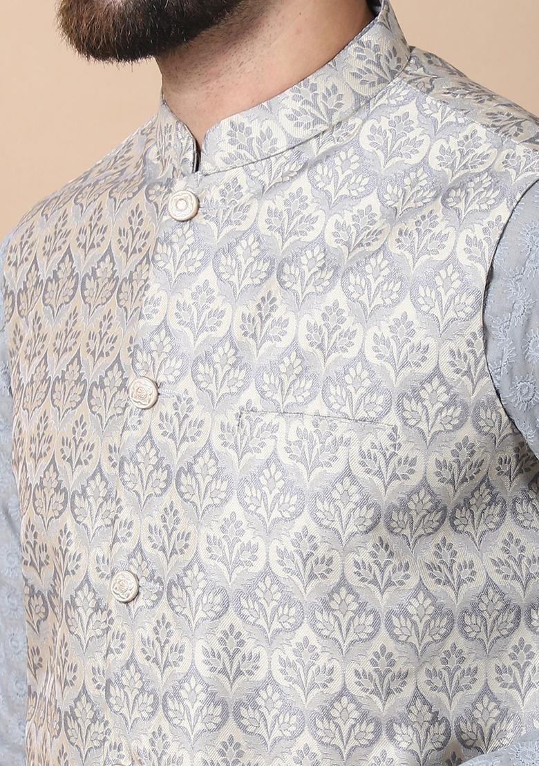 Grey Embroidered Cotton Kurta Set For Men - Indya