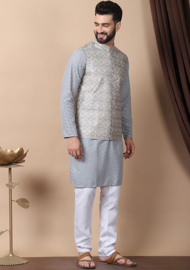 Grey Embroidered Cotton Kurta Set For Men - Indya
