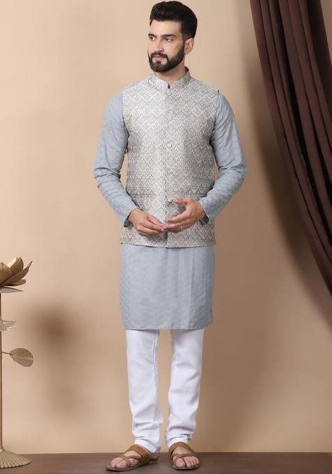 Grey Embroidered Cotton Kurta Set For Men