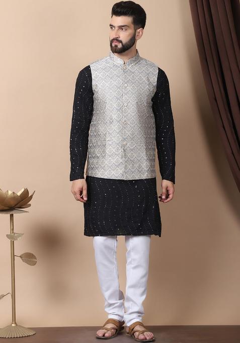 Black Embroidered Cotton Kurta Set For Men