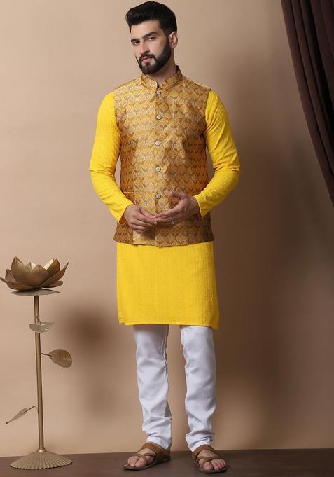 Yellow Embroidered Cotton Kurta Set For Men
