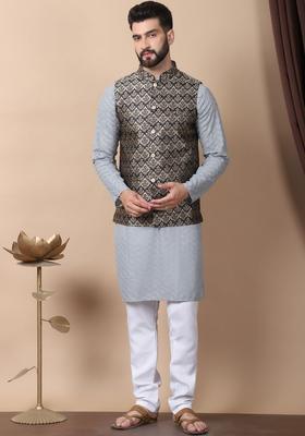 Grey Embroidered Cotton Kurta Set For Men