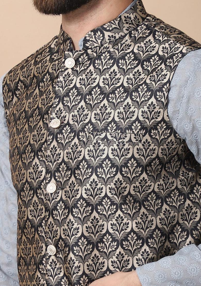 Grey Embroidered Cotton Kurta Set For Men - Indya