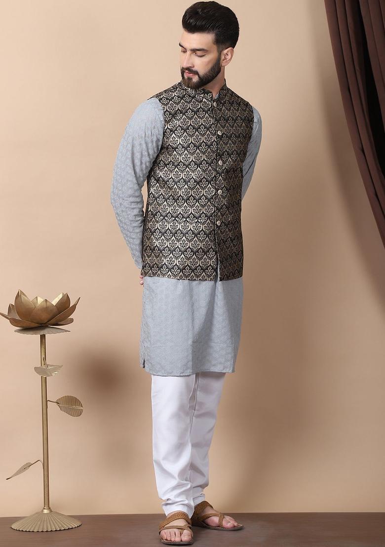 Grey Embroidered Cotton Kurta Set For Men - Indya
