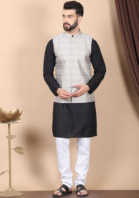 Black Embroidered Cotton Kurta Set For Men