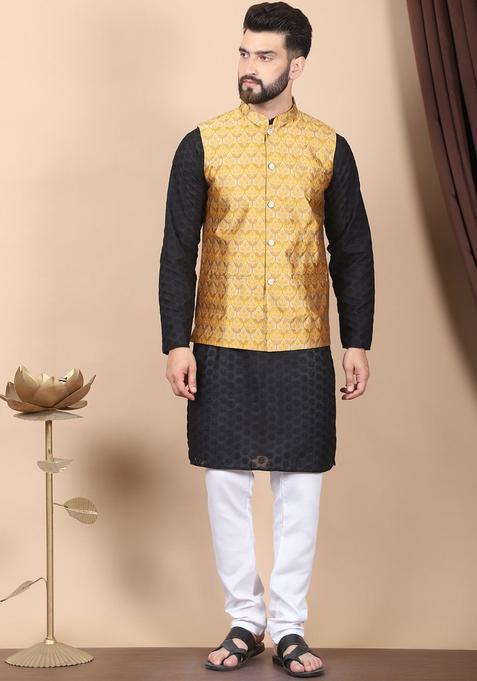 Black Embroidered Cotton Kurta Set For Men