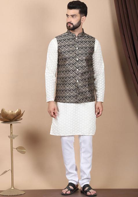 Beige Embroidered Cotton Kurta Set For Men