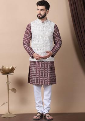 Maroon Printed Silk Kurta Set For Men