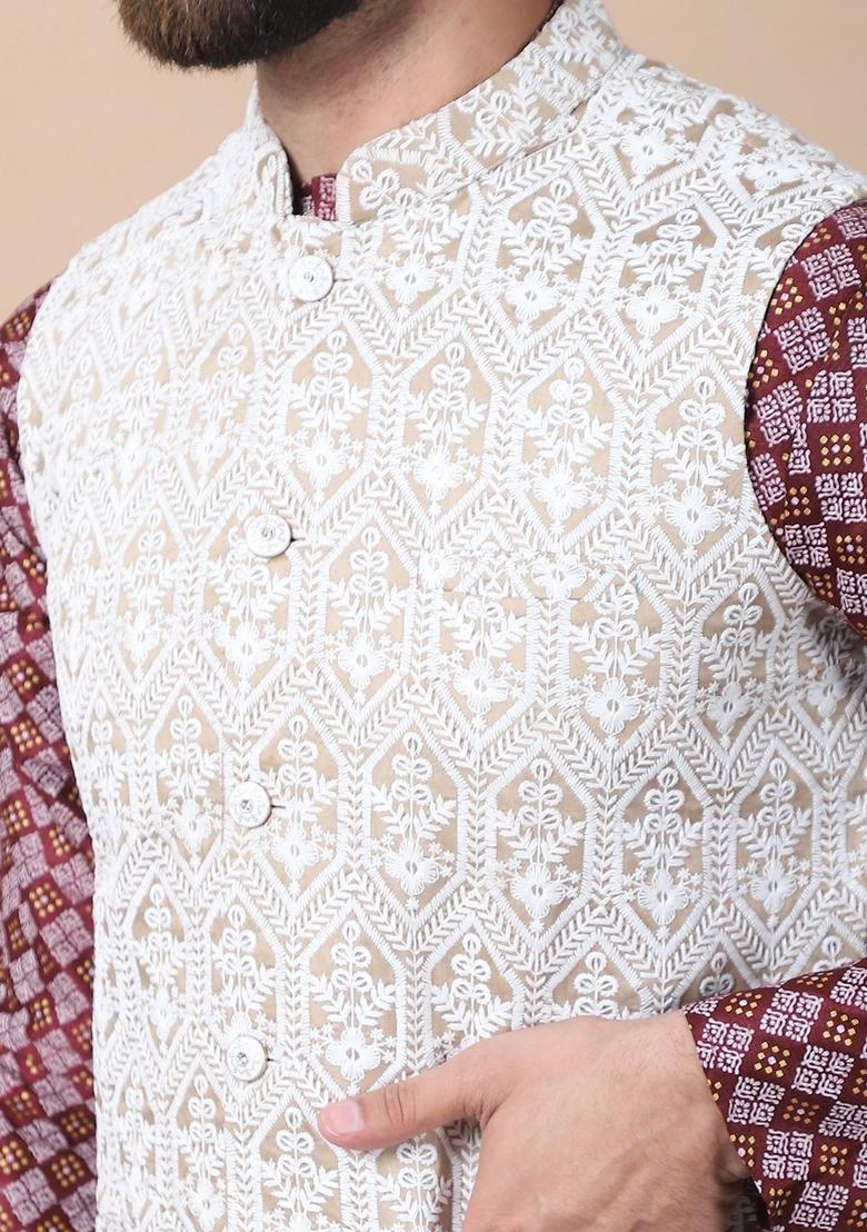 Maroon Printed Silk Kurta Set For Men - Indya