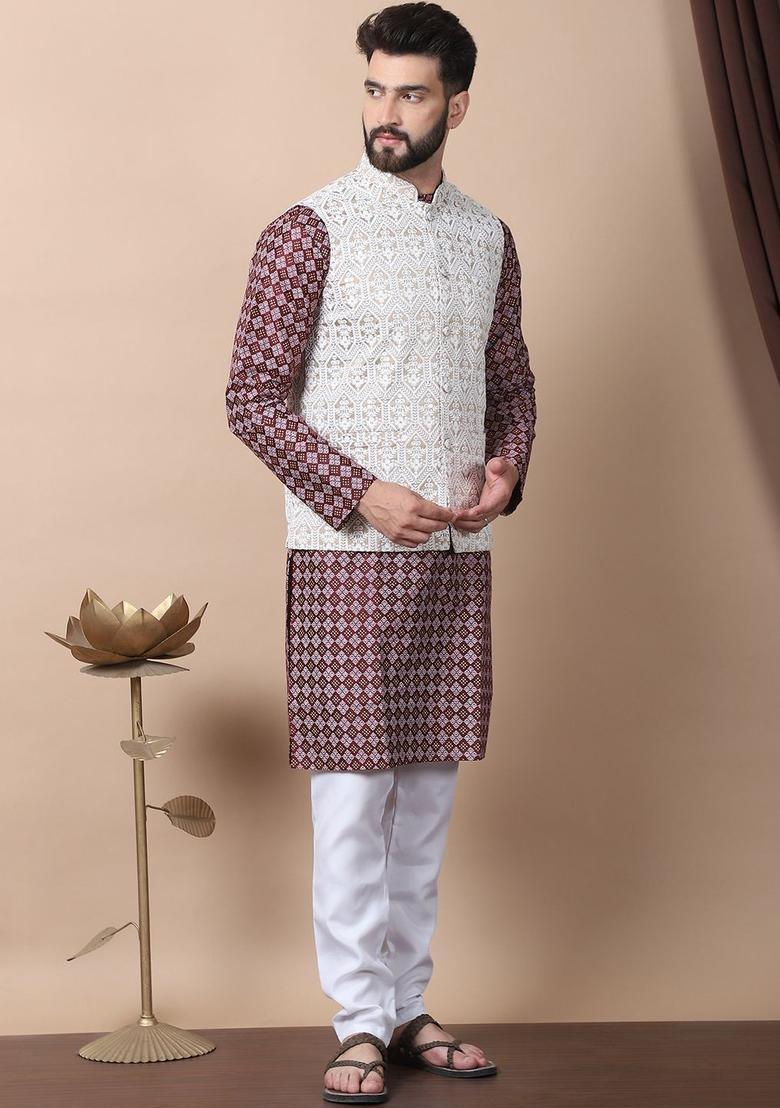 Maroon Printed Silk Kurta Set For Men - Indya