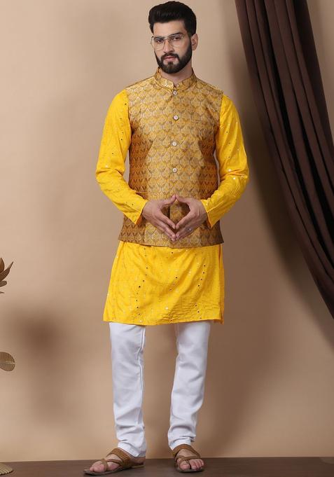 Yellow Embroidered Cotton Kurta Set For Men