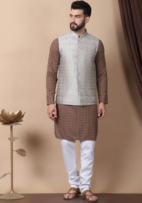 Brown Embroidered Cotton Kurta Set For Men