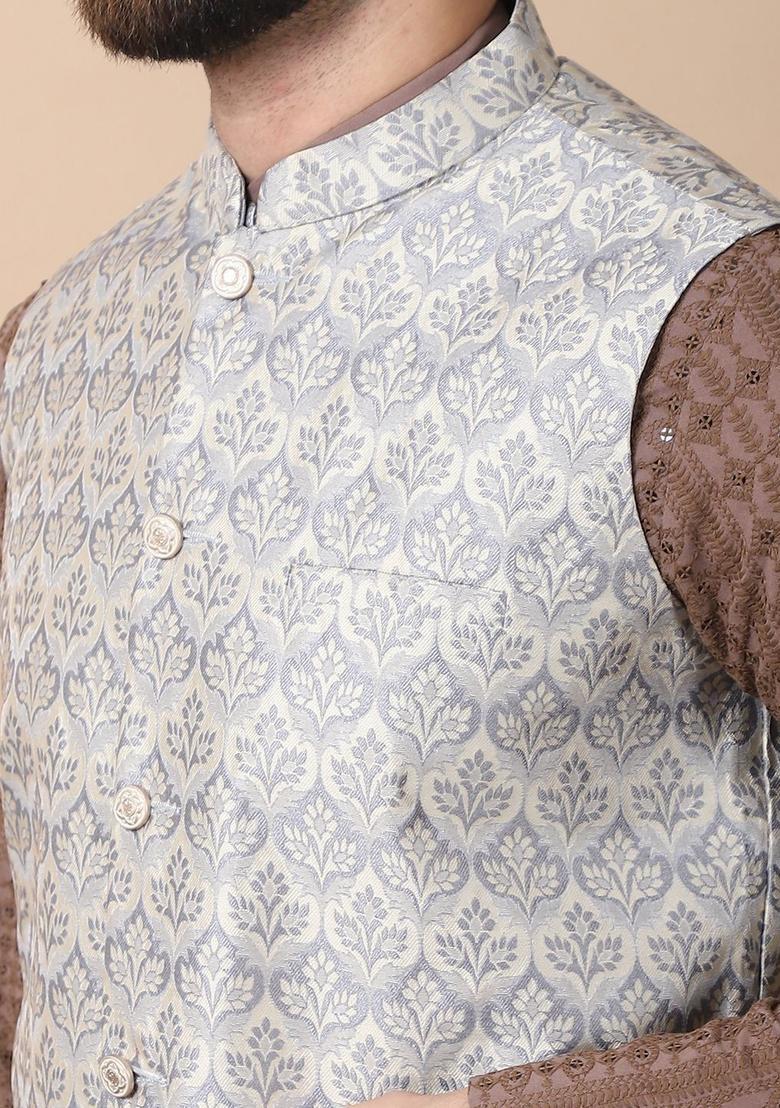 Brown Embroidered Cotton Kurta Set For Men - Indya
