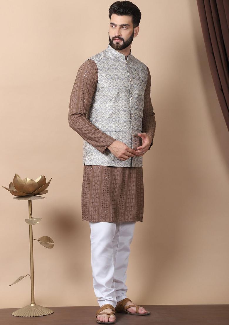 Brown Embroidered Cotton Kurta Set For Men - Indya