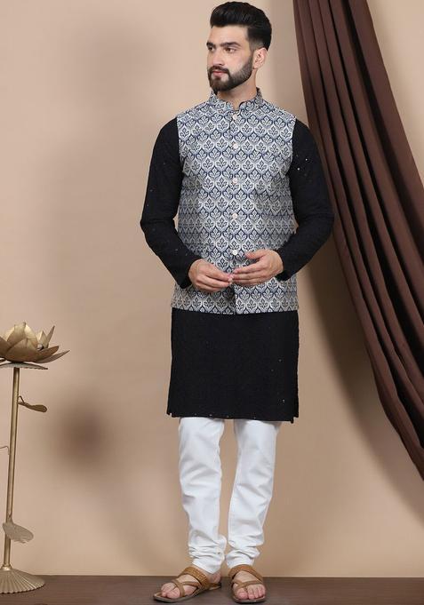 Black Embroidered Cotton Kurta Set For Men
