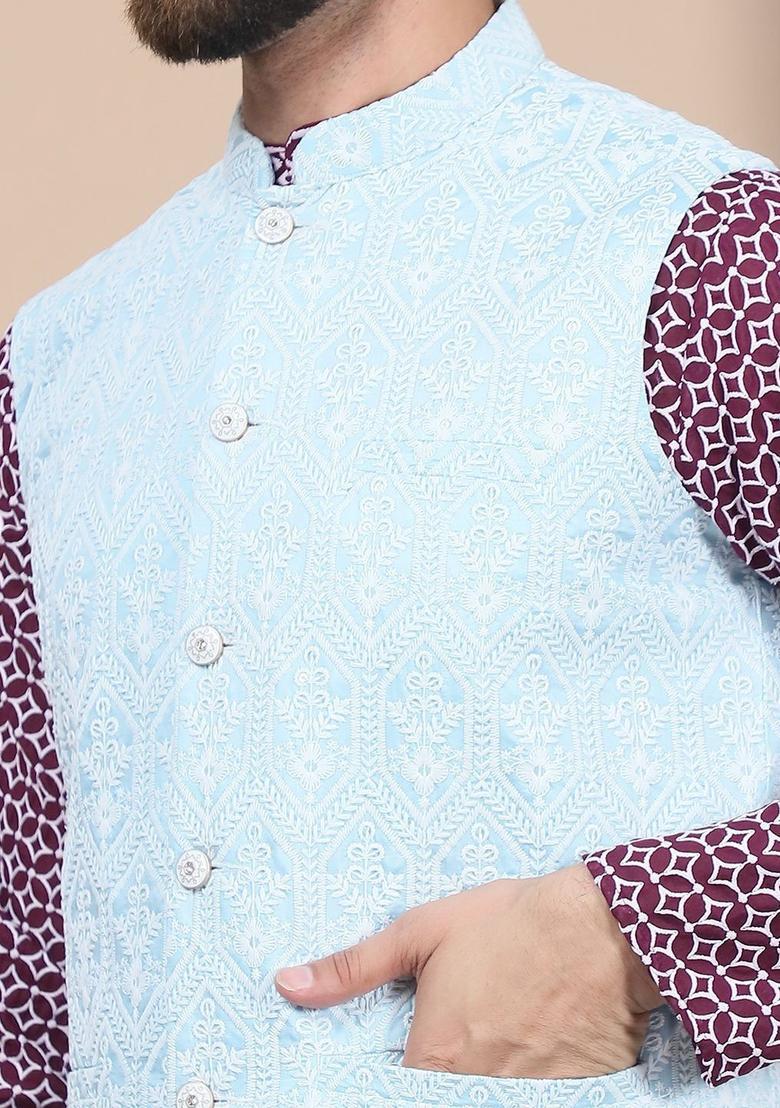Purple Printed Cotton Kurta Set For Men - Indya