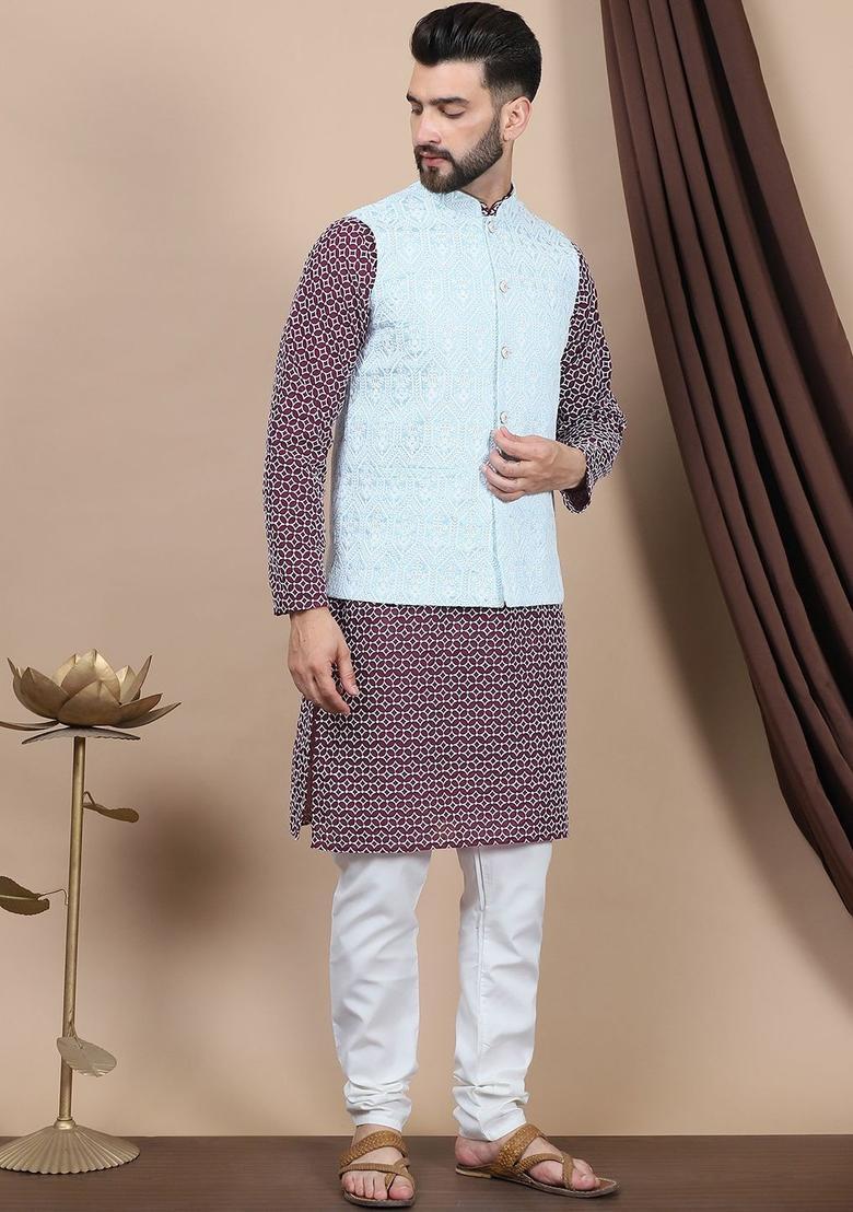 Purple Printed Cotton Kurta Set For Men - Indya